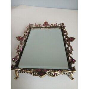 Vtg Style Purple  Jeweled Dresser Mirror Perfume Tray Vanity Jewelry